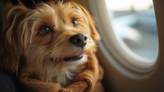 A small dog in a scarf gazing out of an airplane window