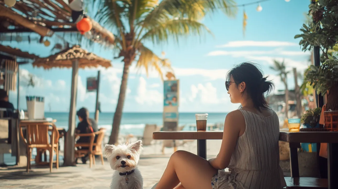 ヤシの木と海を望むビーチサイドカフェで、白い犬と過ごす休日