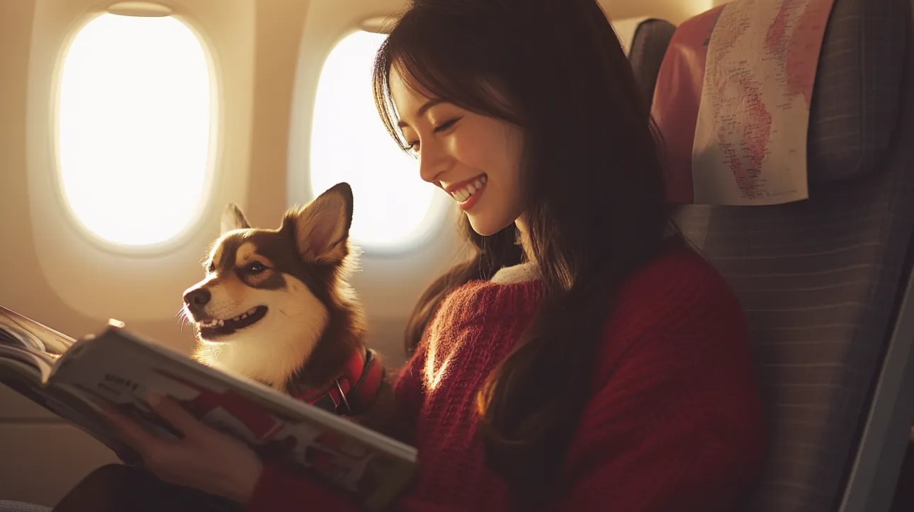 機内の窓際で、愛犬と本を読みながら過ごす空の時間