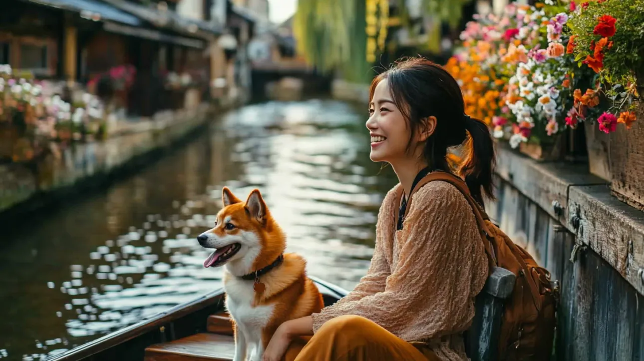 花の咲く旧市街の運河沿いを、柴犬と旅する